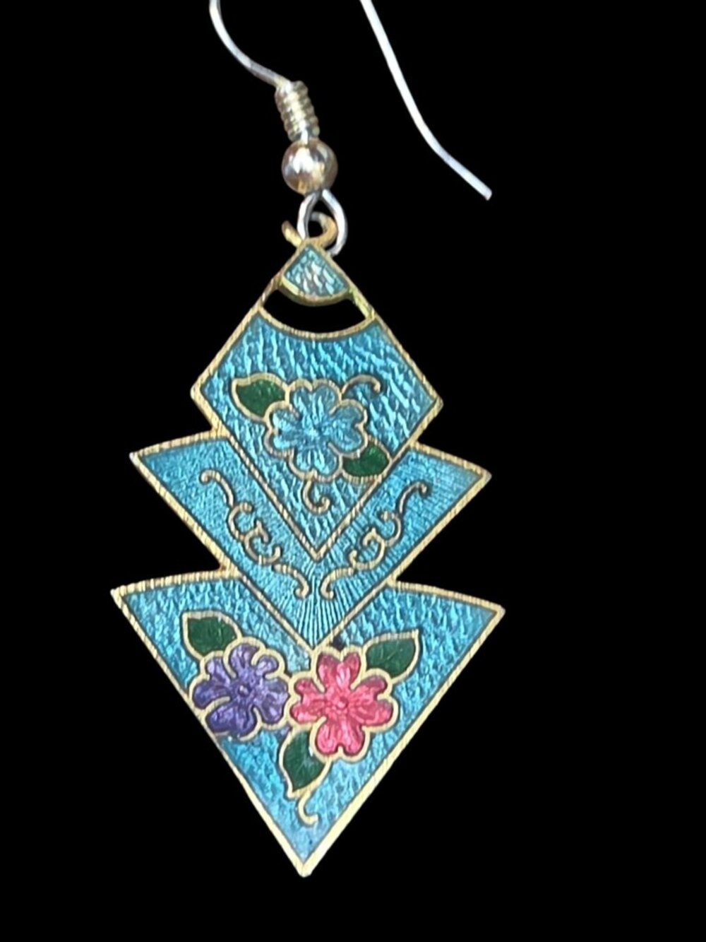 Vtg Zig-Zag Pyramid Floral Cloisonné Dangling Earrings 1980's Teal & Gold Tone - Picture 6 of 12